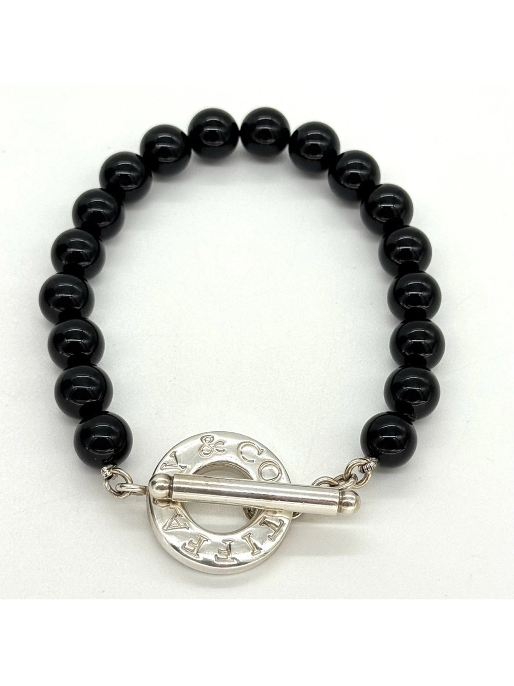 Tiffany & Co. Sterling Silver 8mm Onyx Bead Toggle Bracelet 7.5"